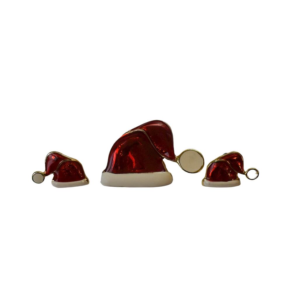 90s Gold Plate Red & White Enamel Santa Hat Demi Parure Pin Brooch Earrings